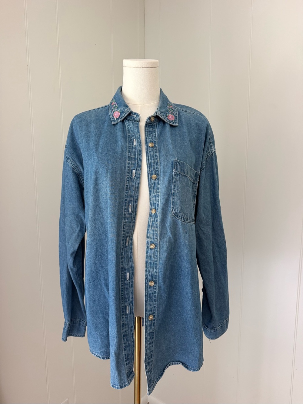 VINTAGE Route 66 Embroidered Collar Denim Button-Down - Blue with Pink Detail